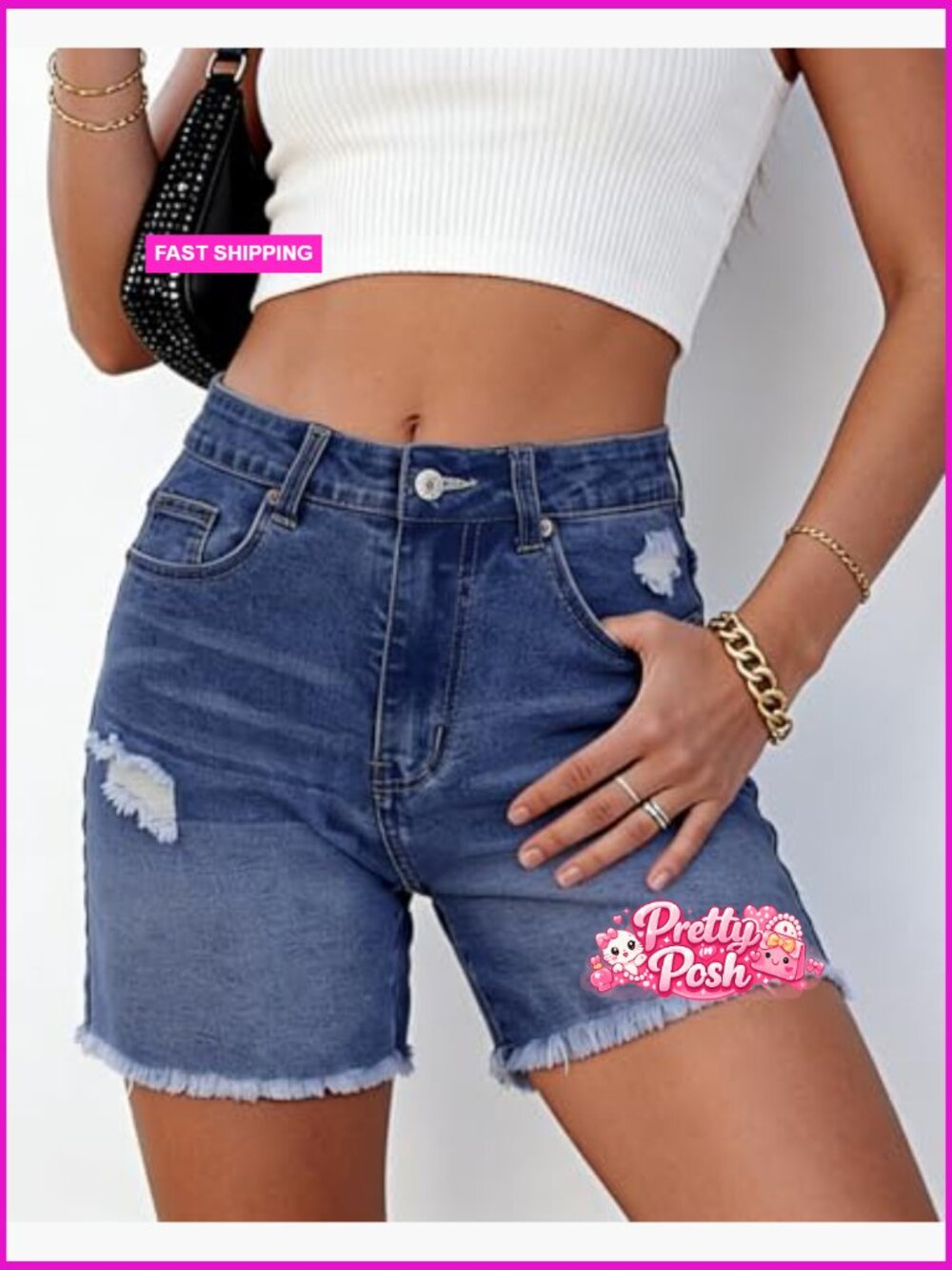 Women High Waisted Stretchy Ripped Denim Shorts Jorts with Raw Hem - Picture 2 of 6